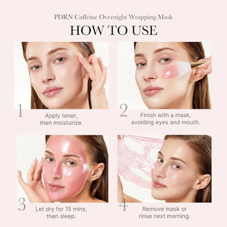 Mode d'emploi en 4 étapes du masque de nuit Medicube PDRN Caffeine - tonique, application, pose, retrait