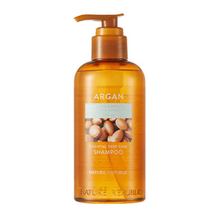 Nature Republic Argan Essential Deep Care Shampoo - flacon pompe ambre 300ml sur fond blanc