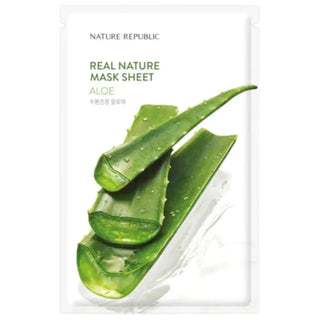 Sachet Nature Republic Real Nature Mask Sheet Aloe Vera, face avant avec feuilles d'aloe vera et texte coreen