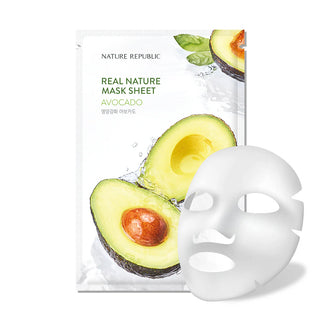 Sachet Nature Republic Real Nature Mask Sheet Avocado avec masque en tissu blanc deplie sur fond blanc