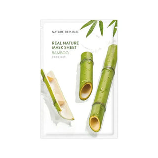 Face avant du sachet Nature Republic Real Nature Mask Sheet Bamboo avec tiges de bambou et feuilles vertes