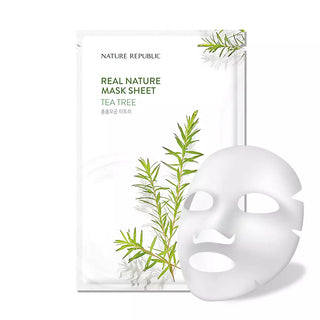 Sachet Nature Republic Real Nature Mask Sheet Tea Tree et masque en tissu blanc deplie