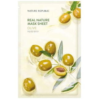 Sachet Nature Republic Real Nature Mask Sheet Olive avec olives vertes entieres et coupees sur fond creme