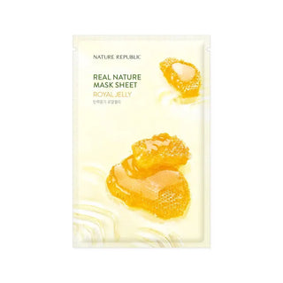 Sachet Nature Republic Real Nature Mask Sheet Royal Jelly vu de face, morceaux de gelee royale ambre sur fond creme