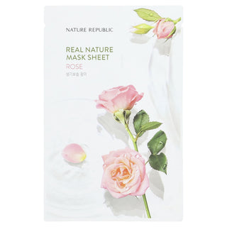 Sachet Nature Republic Real Nature Mask Sheet Rose avec roses roses epanouies et boutons sur fond blanc