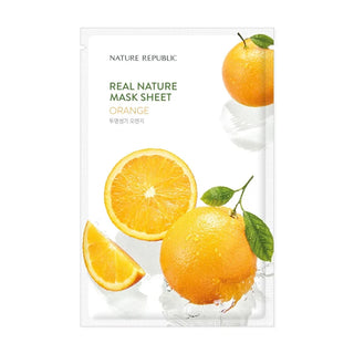 Sachet Nature Republic Real Nature Mask Sheet Orange vu de face avec orange entiere et tranchee, fond blanc