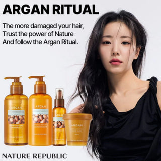 Nature Republic gamme Argan Ritual - mannequin cheveux noirs et quatre produits capillaires ambres