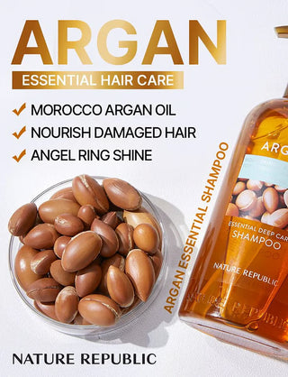 Nature Republic Argan Shampoo - visuel noix d'argan et flacon avec benefices huile du Maroc et brillance