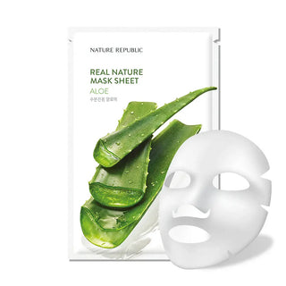 Sachet Nature Republic Real Nature Mask Sheet Aloe Vera avec masque en tissu blanc deplie sur fond blanc
