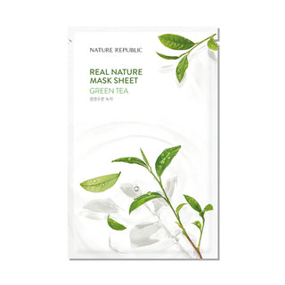 Sachet Nature Republic Real Nature Mask Sheet Green Tea, face avant avec branche de the vert et gouttes d'eau