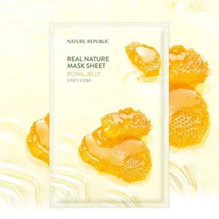 Sachet Nature Republic Mask Sheet Royal Jelly sur fond jaune texture miel avec rayons de cire et gelee royale