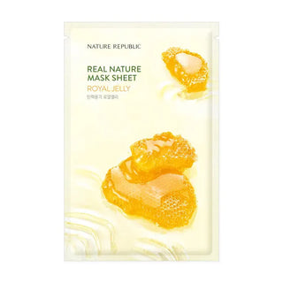 Sachet Nature Republic Real Nature Mask Sheet Royal Jelly avec rayons de miel dores sur fond jaune pale
