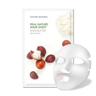 Sachet Nature Republic Real Nature Mask Sheet Shea Butter avec noix de karite et masque en tissu blanc deplie