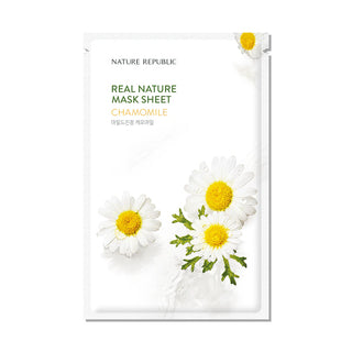 Sachet Nature Republic Real Nature Mask Sheet Chamomile, face avant avec trois fleurs de camomille blanches