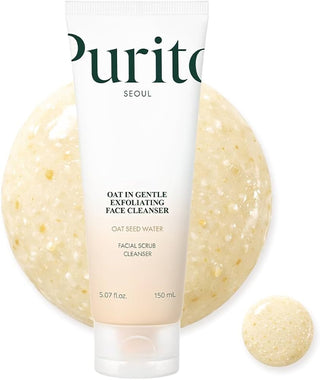 Texture gel gommant à grains d'avoine derrière le tube PURITO SEOUL Oat In Gentle Exfoliating Face Cleanser