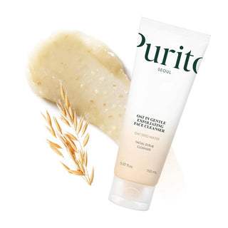 Tube PURITO SEOUL Oat In Gentle Exfoliating Face Cleanser avec swatch de texture gommante et épi d'avoine