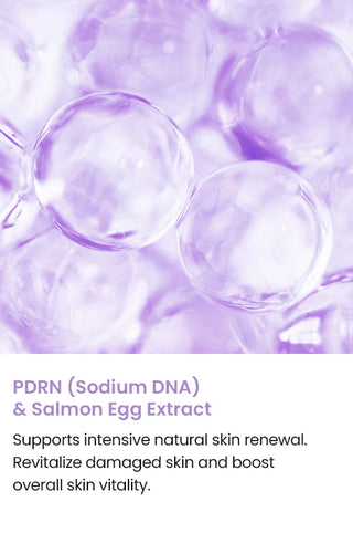 Bulles violettes translucides illustrant l'ingredient PDRN Sodium DNA et extrait d'oeuf de saumon BIODANCE