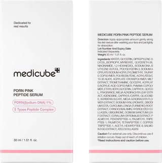 Packaging Medicube PDRN Pink Peptide Serum - face avant du flacon et dos de la boite avec liste INCI