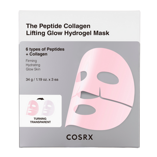 Boite COSRX The Peptide Collagen Lifting Glow Hydrogel Mask avec masque rose sur fond blanc