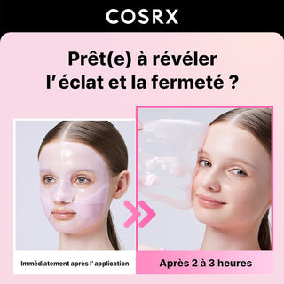 Avant-apres COSRX masque hydrogel peptides - masque rose translucide sur le visage puis retrait