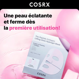 COSRX Masque Hydrogel Peptides Collagene pose sur fond rose avec ballons et reflets