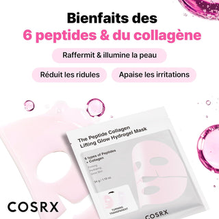 Infographie COSRX masque hydrogel - bienfaits des 6 peptides et du collagene avec sachet individuel