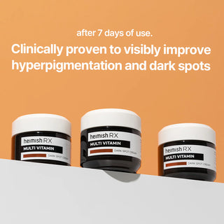 Trois pots Heimish RX Dark Spot Cream alignes sur fond orange avec mention resultats cliniques