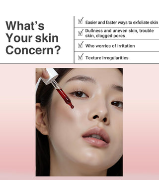 Application du Heimish RX AHA BHA Peeling Serum avec pipette rouge sur le visage, gros plan
