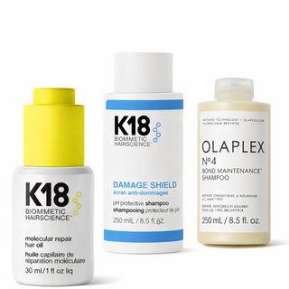 Trio reparation cheveux - huile K18 Molecular Repair, shampooing K18 Damage Shield et Olaplex No.4