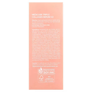 Dos de l'etui Medicube Triple Collagen Serum 4.0, liste INCI et instructions d'utilisation