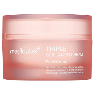 Pot Medicube Triple Collagen Cream rose vu de face, inscription For all skin type sur fond blanc