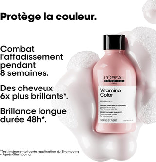 Flacon rose L'Oreal Professionnel Vitamino Color sur mousse avec benefices brillance et protection couleur