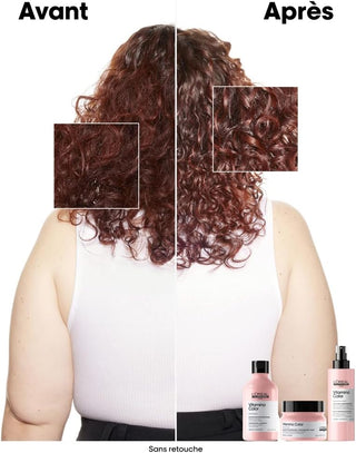 Comparaison cheveux boucles avant/apres traitement L'Oreal Professionnel Vitamino Color avec zoom texture