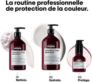Routine L'Oreal Professionnel Vitamino Color Spectrum en 3 etapes - shampoing, soin et serum bordeaux
