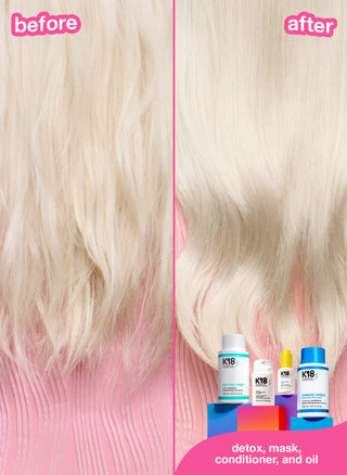 K18 Molecular Repair Hair Oil - avant-apres cheveux blonds platine plus lisses et brillants
