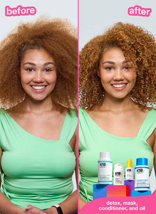 K18 Molecular Repair Hair Oil - avant-apres cheveux boucles cuivres mieux definis sur modele