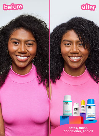 K18 Molecular Repair Hair Oil - avant-apres cheveux boucles noirs plus definis sur modele en top rose