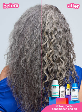 K18 Molecular Repair Hair Oil - avant-apres cheveux ondules gris argente mieux definis vue de dos