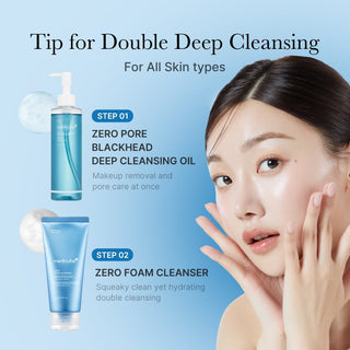 Medicube Zero Pore Cleansing Oil flacon devant bulle de texture transparente sur fond bleu clair