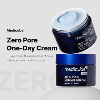 Deux pots Medicube Zero Pore One Day Cream ouverts sur fond gris avec liste des benefices anti-pores et sebum