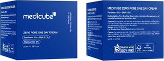 Packaging bleu Medicube Zero Pore One Day Cream 50ml avec composition INCI, Panthenol 5%, BHA 0.1% et Niacinamide 2%