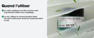 SOMEBYMI Miracle Cream - guide d'utilisation matin et soir avec pot vert sur fond de texture creme