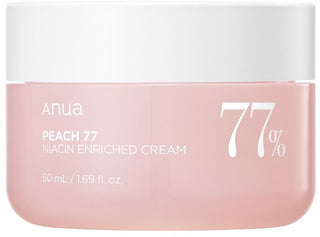 Pot rose ANUA Peach 77 Niacin Enriched Cream 50 ml avec couvercle blanc sur fond blanc