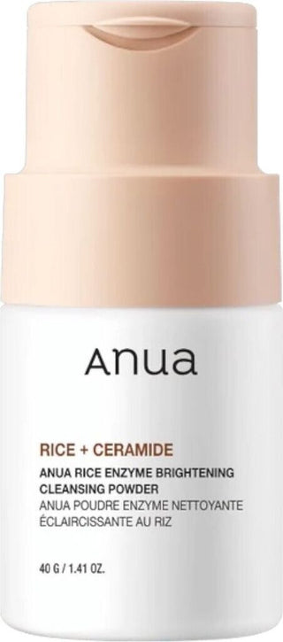 Petit flacon blanc Anua Rice Enzyme Cleansing Powder 40g avec bouchon rose et mention Rice + Ceramide