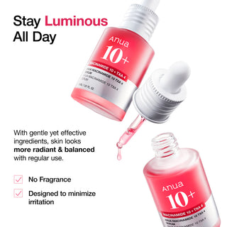 Deux flacons ANUA Niacinamide 10+ TXA 4 avec pipette et goutte rose - sans parfum, formule douce