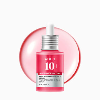 Flacon ANUA Niacinamide 10% + TXA 4% Serum devant une bulle rose translucide