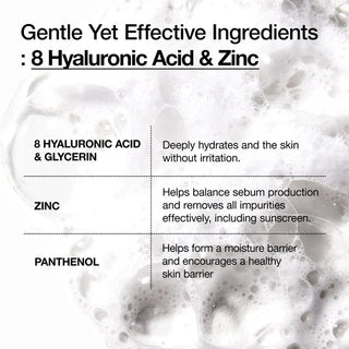 Infographie ingredients cles du nettoyant Anua - 8 acides hyaluroniques, zinc et panthenol sur fond mousse