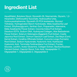 ANUA PDRN Hyaluronic Glow Pad - liste complete des ingredients INCI sur fond turquoise avec logo ANUA