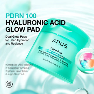 ANUA PDRN 100 Hyaluronic Acid Glow Pad - pot turquoise sur fond aquatique avec billes colorees et hashtags