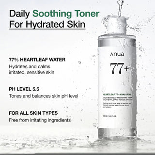 Anua Heartleaf 77+ Soothing Toner eclabousse d'eau avec benefices pH 5.5 et heartleaf water 77%